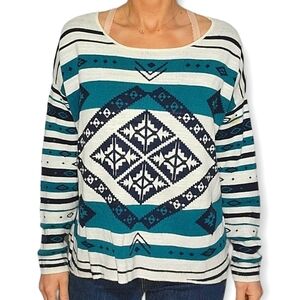 Natural Reflections Long Sleeve Woven Knit Sweater X Large Green Creme Diamond